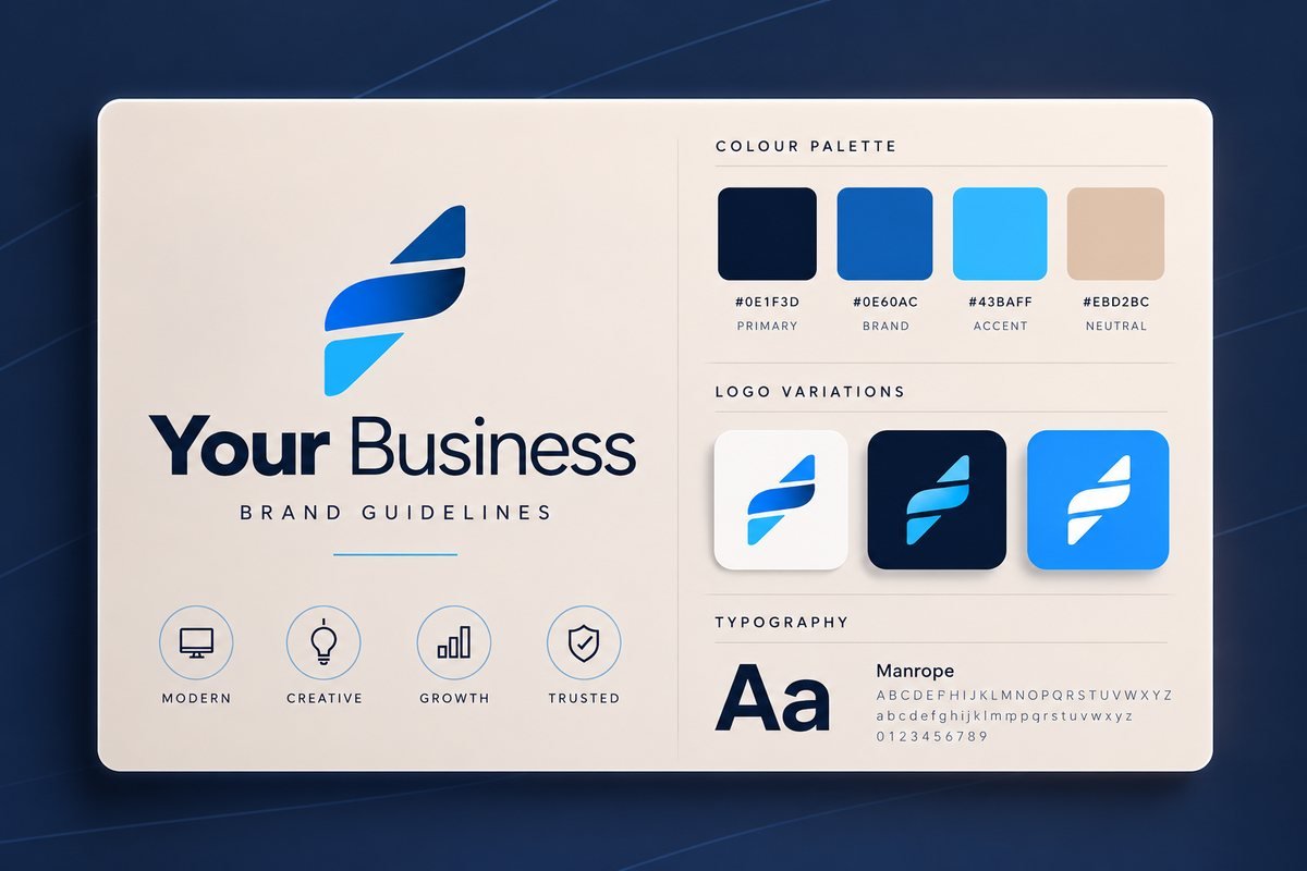Brand guidelines with logo variations, colour palette and typography designed by Digibiz