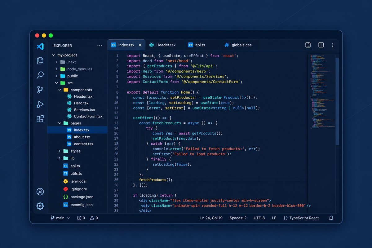 Custom software development: React and TypeScript code in a code editor