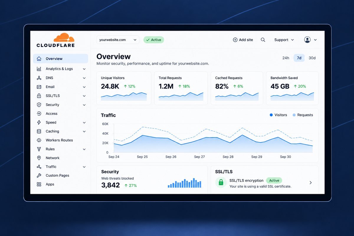 Website security dashboard showing SSL, blocked threats and traffic monitoring