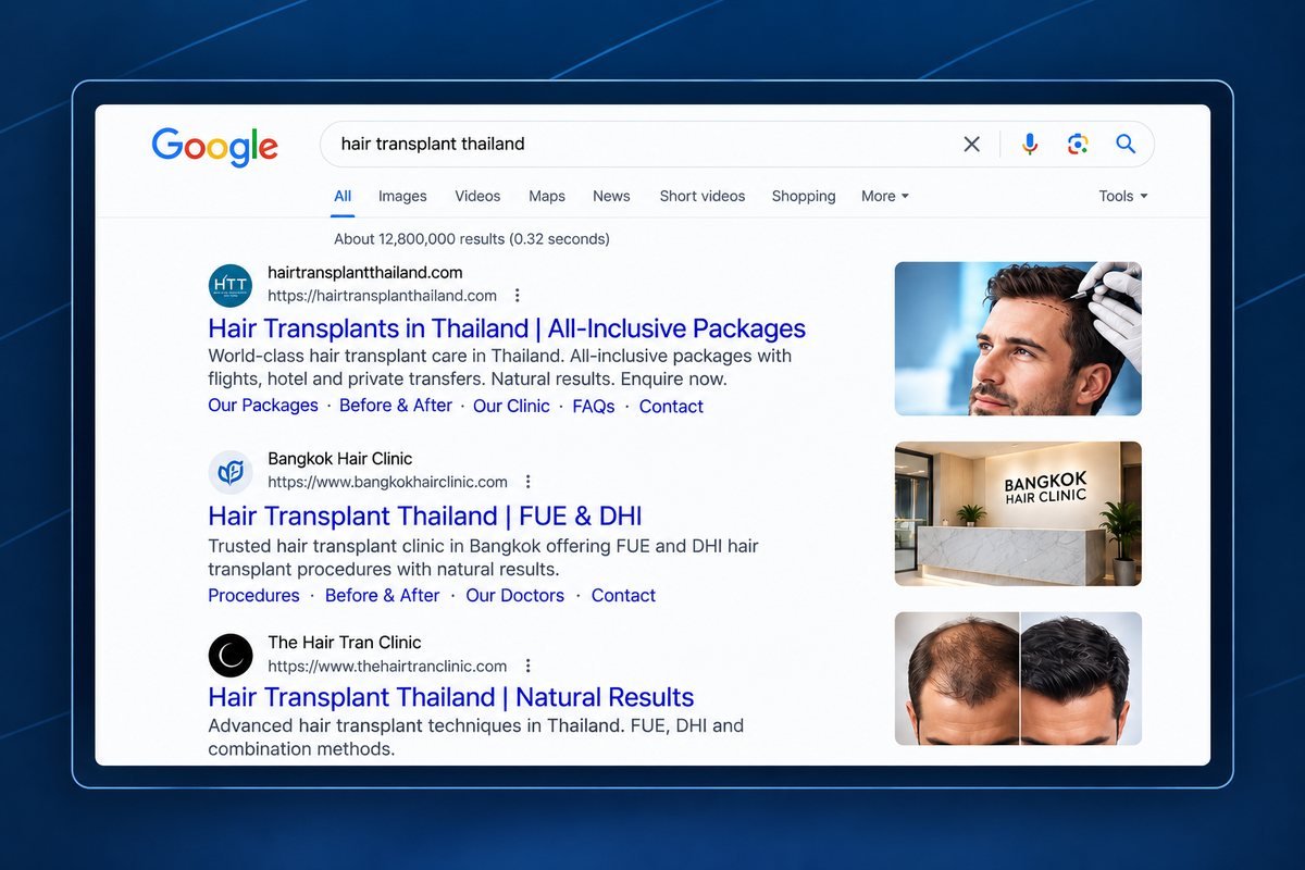 Google search results showing first-page SEO rankings for a client website